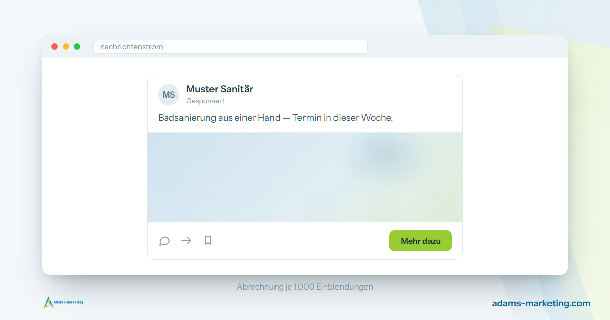 Mockup eines gesponserten Beitrags eines Muster-Betriebs im Nachrichtenstrom, mit Bild, Text und Knopf (Muster-Darstellung).