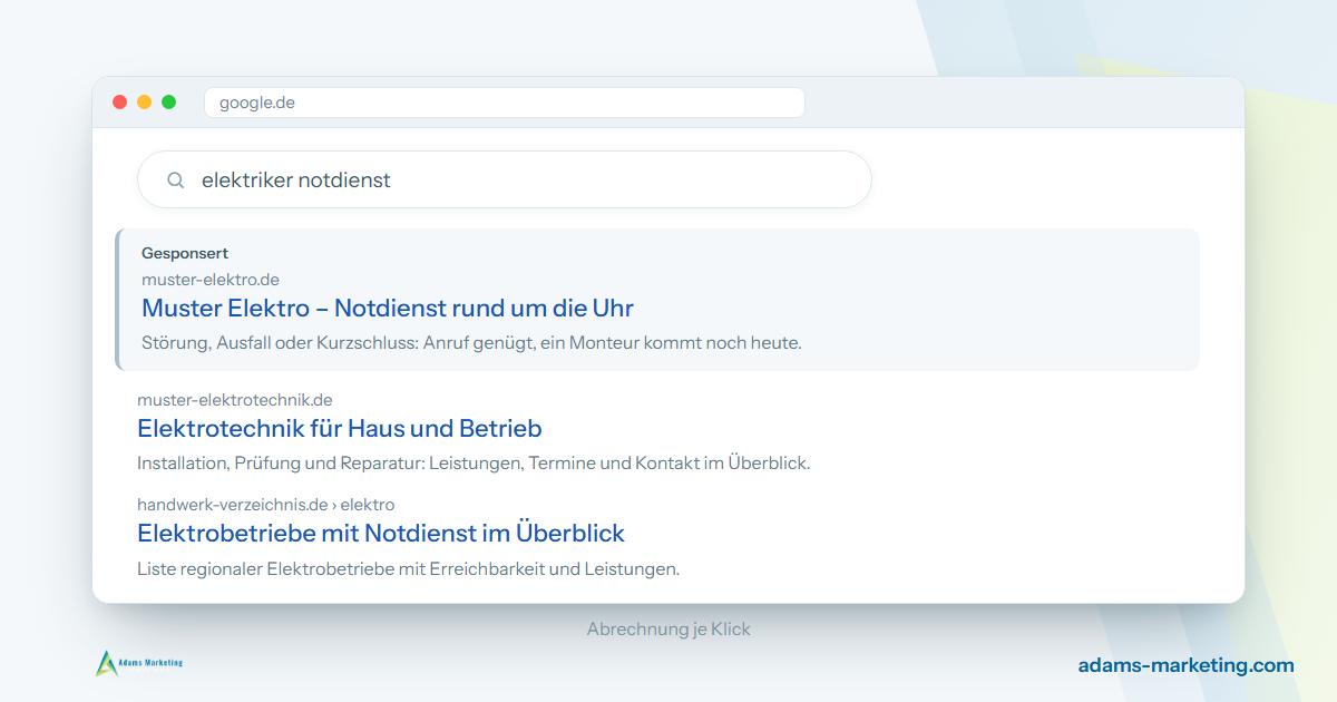 Mockup einer Suchergebnisseite: über den normalen Treffern steht eine als „Gesponsert“ gekennzeichnete Anzeige (Muster-Darstellung).
